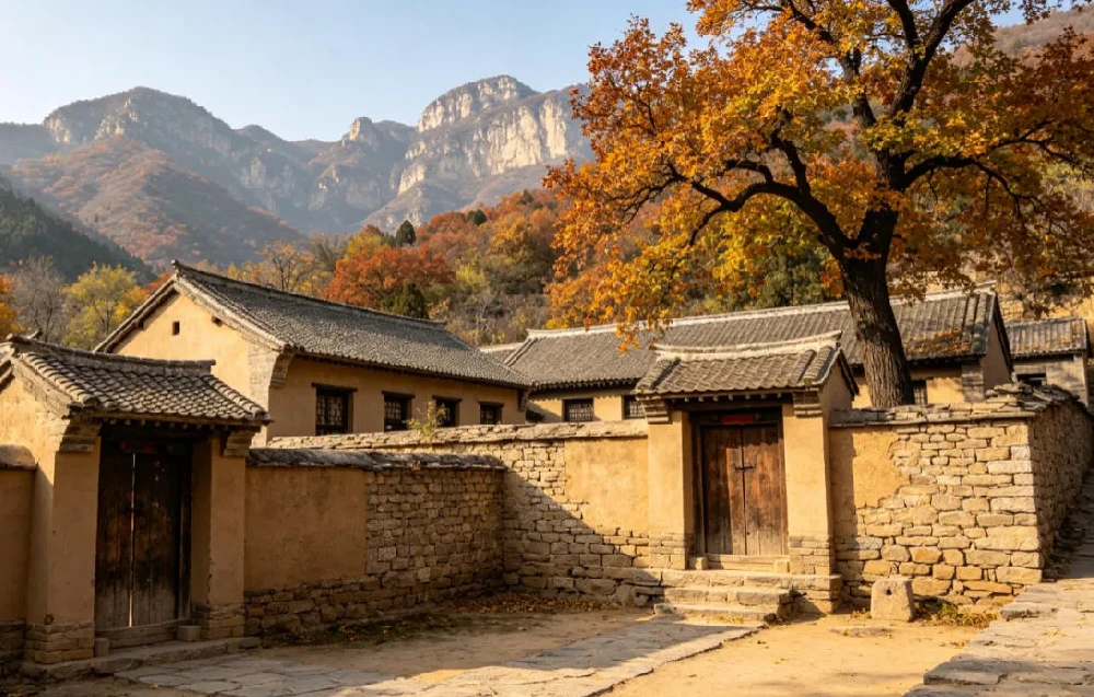西柏坡七届二中全会会址旧址建筑外景 西柏坡七届二中全会会址土坯礼堂旧址实景,古朴红色革命建筑,松柏环抱,见证全党团结奋斗的峥嵘历史岁月。