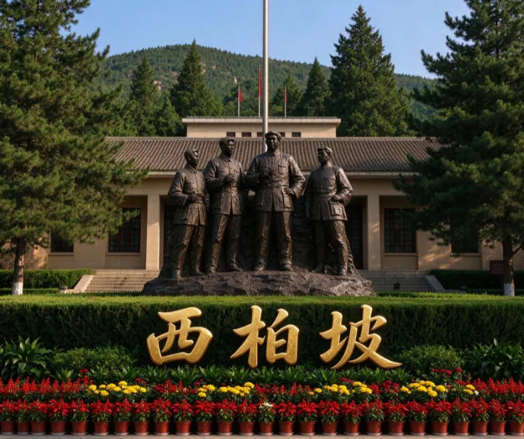 西柏坡五大书记铜像全景实拍 西柏坡五大书记铜像,背景纪念馆红旗松柏,红色教育基地实景摄影